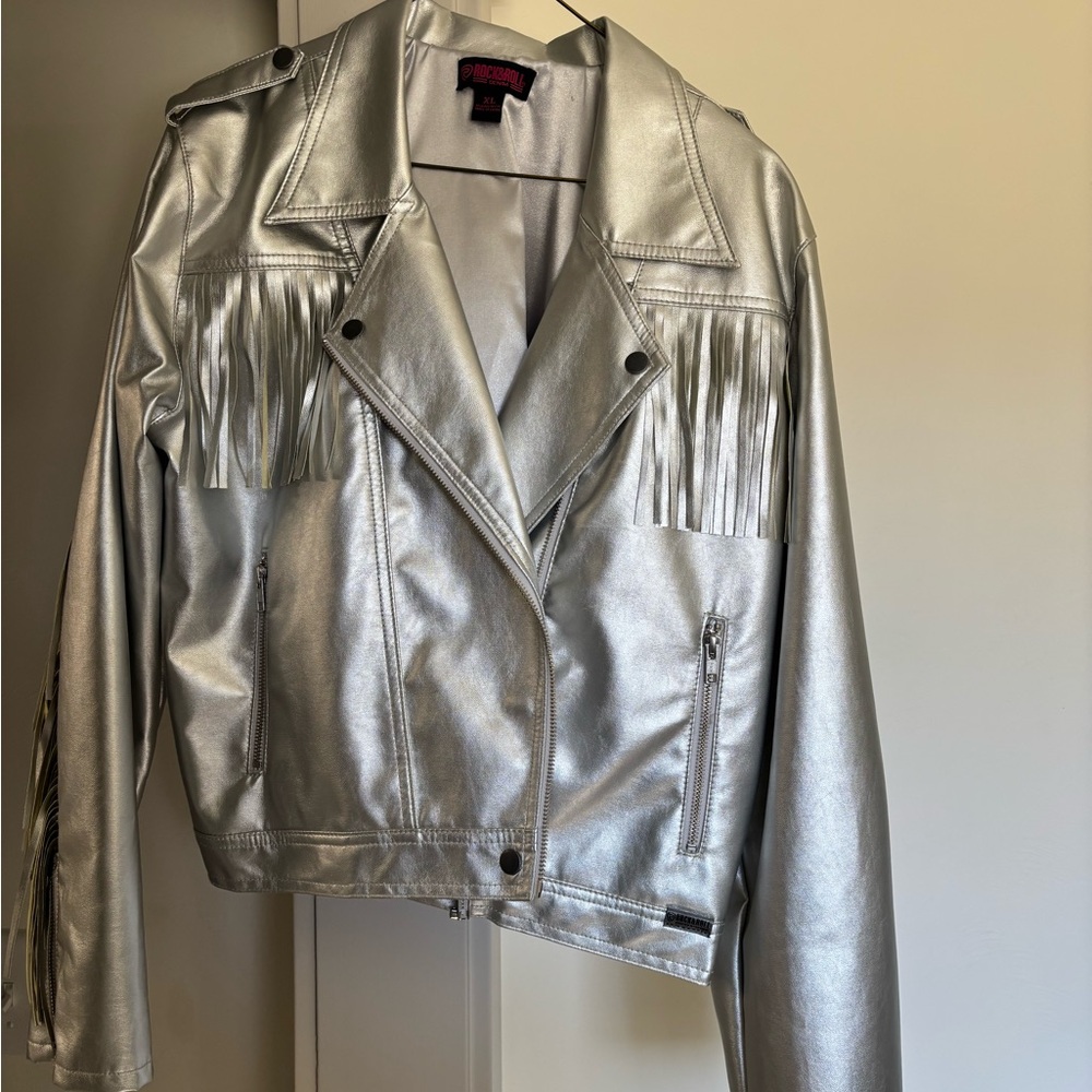 Metallic Silver Fringe Faux Leather Moto Jacket